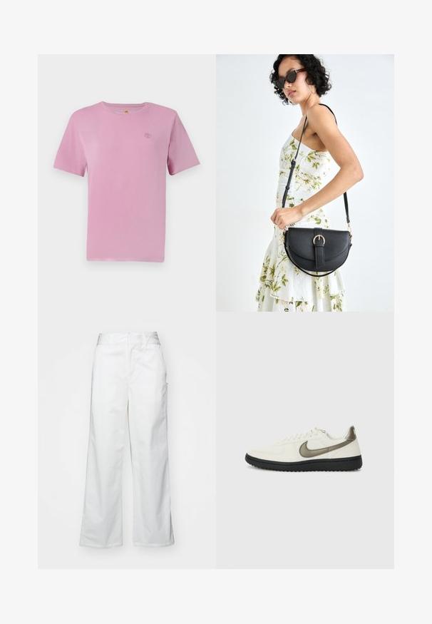 Ružičasta pamučna majica kratkih rukava s malim izvezenim logom na prsima. Glatka tekstura i klasičan dizajn s okruglim izrezom.; Bijele hlače širokih nogavica napravljene od pamuka, s glatkom teksturom, ravnim krojem, prednjim džepovima i čistim rubom.; Nike Sportswear FIELD GENERAL - Tenisice - off-white/black; Crna kožna torba s lukovitim oblikom, odvojivim remenom i zlatnim detaljima. Torba ima preklop s kopčom.