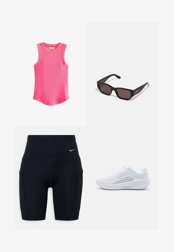 Next RACER STANDARD - Viršus - fluro pink; Juodos aukšto liemens sportinės šortai, pagaminti iš elastingos medžiagos; turi šonines kišenes ir mažą Nike logotipą ant juosmens.; Baldas sportinis batelis su tinkleliu viršuje, apvaliu toe ir tekstūruota padais. Pabrėžia sidabrinį Nike swoosh ir minimalistinį dizainą.; Juodos stačiakampės saulės akinios su tamsiais lęšiais. Yra sklandus plastikinis rėmas ir logotipo detalė ant šventyklos. Švarus, šiuolaikiškas dizainas.