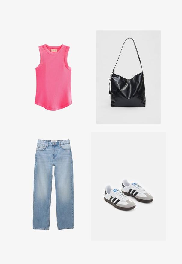 Next RACER STANDARD - Top - fluro pink; Lyseblå denimbukser med lige ben, fem-pockets stil og synlige syninger. Stofmaterialet har en blød, let falmet tekstur.; Sportsko med en overdel i hvid læder, grå ruskind på tåen og tre sorte striber. Har et blåt logo på tungen og en struktureret gummisål.; Sorte læder skuldertaske med en blød, tekstureret overflade. Har et buet design og en enkelt justerbar rem. Ingen ekstra hardware.