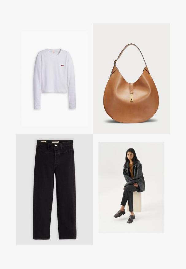 Bijeli dugosleeve T-shirt od pamuka. Ima okrugli izrez i mali crveni Levi's logo na lijevoj strani prsnog dijela.; Crne traperice ravnog kroja, izrađene od denima. Imaju prednje džepove, zatvaranje na dugme i kontrastne šavove.; Crna kožna oversized jakna, narančasta majica, siva klasična hlače i smeđi cipelni remen, sjedeći na svijetloj cigli nasuprot bijeloj pozadini.; Torbica od svjetlosmeđeg kože s zakrivljenim oblikom i širokim remenom za rame. Ima zlatni metalni detalj u središtu i glatku teksturu.