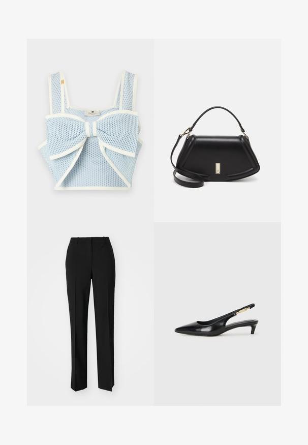 Elisabetta Franchi Top - sky blue/avorio; Black tailored trousers with a straight-leg design, featuring a smooth texture and crisp creases along the front. No visible hardware.; Black leather slingback heels with a pointed toe, featuring a slim heel and a gold-tone accent on the adjustable strap. Smooth texture.; Black leather handbag with a structured design, featuring a cropped shape, top handle, and gold hardware accent. Adjustable shoulder strap included.