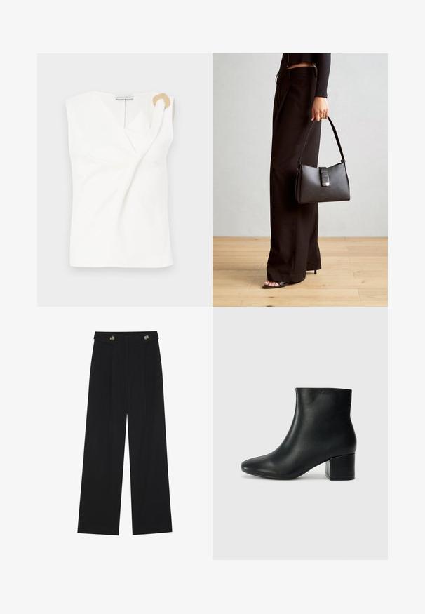 Valkoinen hihaton paita, jossa on kietaisusuunnittelu ja kultainen koristeellinen rengas yksityiskohta oikealla olkapäällä.; Mustat leveälahkeiset housut, joissa on korkea vyötärö, napit vyötärönauhassa ja etupuolella laskokset.; Musta nahkasaappaat nilkkapituudella, jossa on terävä kärki ja paksu korko. Silkkinen pinta, jossa on minimaaliset yksityiskohdat ja tyylikäs, istuva muotoilu.; Musta käsilaukku, jossa on rakenteellinen muoto, sileä pinta ja metallinen solki. Yhdistetty leveisiin mustiin housuihin ja avonaiheisiin sandaaleihin puulattialla.