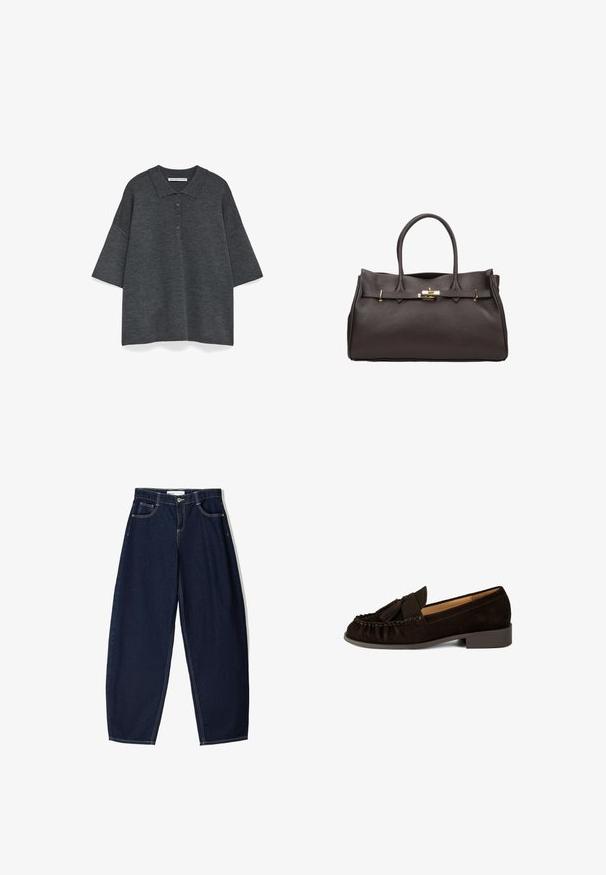 Donkergrijze polo met korte mouwen, een kraag en vijf knopen. Zachte, gestructureerde stof met een ontspannen pasvorm.; Lichtblauw overhemd met lange mouwen en een mandarinakraag, met een knoopsluiting aan de voorkant en een gladde katoenstructuur. Eenvoudig ontwerp, zonder patronen of accenten.; Donkerblauwe denim broek met een losse fit, voorzien van vijf zakken, contrasterende stiksels en een ritsluiting aan de voorkant.; Brown suede instappers met een ronde neus, geplooide details en een kleine kwastaccent. Heeft een lage, iets verhoogde hak.; ESTRO DUŻA Z WŁOSKIEJ - Handtas - dark brown