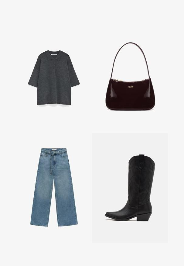 Ciemnoszara koszulka polo z krótkim rękawem, kołnierzykiem i pięcioma guzikami. Miękka, fakturowana tkanina o luźnym kroju.; Szerokie niebieskie dżinsy z średnim praniem. Posiadają elastyczny ściągacz w talii, przednią kieszeń oraz gładkie wykończenie bez dodatkowych zdobień.; Czarne skórzane kowbojskie buty z wydłużonym noskiem, niskim, szczotkowanym obcasem oraz misternym tłoczonym wzorem liści na cholewie. Pętla u góry ułatwiająca zakładanie.; Burgundowy lakierowany skórzany torebka z gładką teksturą, zakrzywionym wzorem, pojedynczym paskiem na ramię i złotym logo "kazar" z przodu.