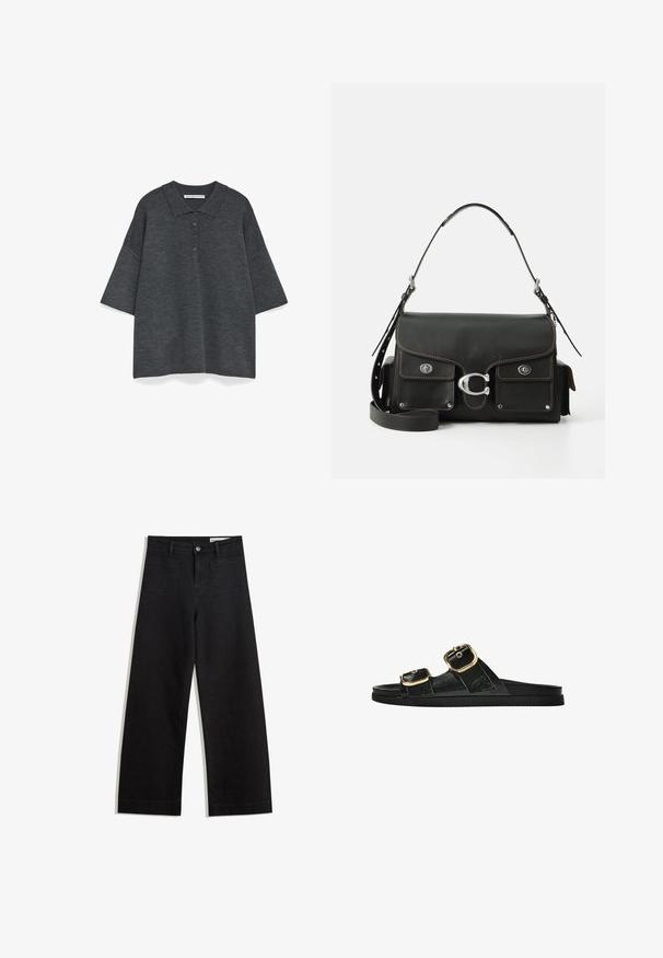 Dunkelgraues Poloshirt mit kurzen Ärmeln, einem Kragen und fünf Knöpfen. Weicher, strukturierter Stoff mit lockerer Passform.; Schwarze weit geschnittene Jeans mit hoher Taille, ausgestattet mit Vorder- und Hintertaschen, gesteppten Nähten und einem Knopfverschluss. Glatte Textur.; Schwarze Riemensandale mit zwei goldenen Schnallendetails, glattem Material, flachem Sohlen und minimalistischer Gestaltung.; Schwarze lederne Handtasche mit Klappenverschluss, silbernen Beschlägen, zwei Vordertaschen, kontrastierenden Nähten und einem abnehmbaren Schultergurt.