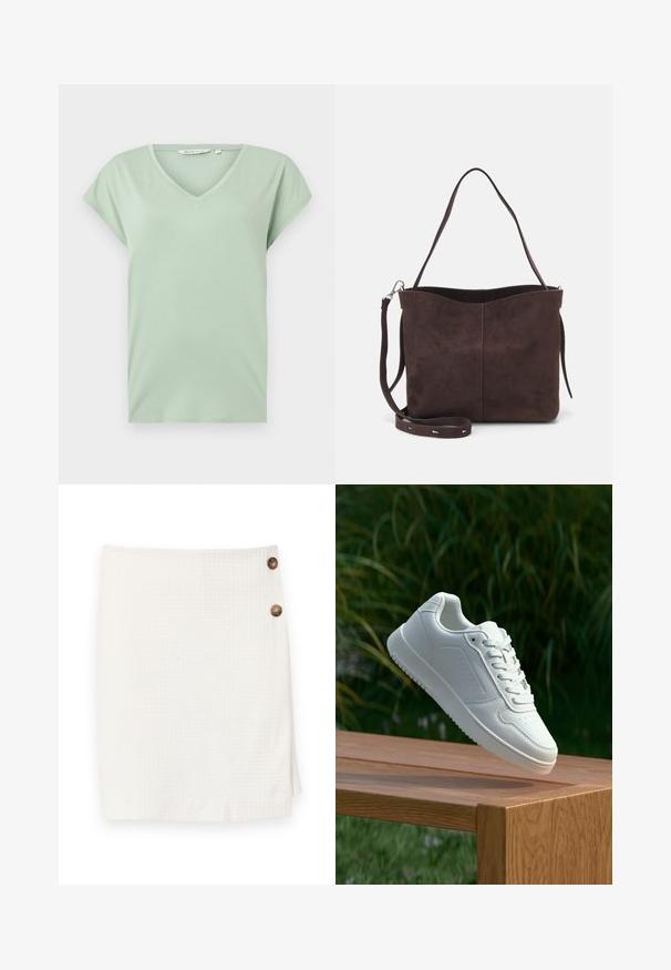 Camiseta de cuello en V color verde menta con mangas cortas, hecha de un tejido suave, con un corte relajado y sin estampados ni herrajes visibles.; Falda blanca con una tela texturizada, que presenta un diseño tipo envolvente y dos botones redondos en el lateral para el cierre.; Zapatilla blanca con un upper sintético suave, caja de dedos perforada, cordones planos y una suela texturizada, exhibida sobre una superficie de madera.; Bolso tote de ante marrón con una textura suave, que presenta una sola correa para el hombro y una sutil apertura curva en la parte superior. Sin detalles de herrajes visibles.