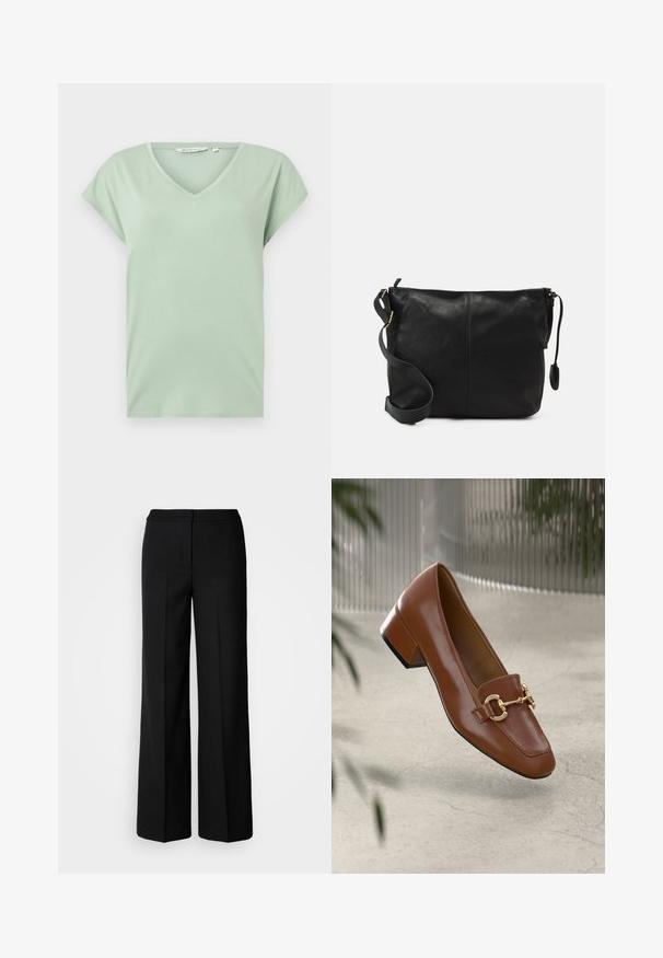 Tricou mint verde cu decolteu în V, cu mâneci scurte, fabricat dintr-un material moale, cu o croială lejeră și fără modele sau accesorii vizibile.; Pantaloni negri cu picioare largi dintr-un material neted, având talie înaltă, cusături adaptate și un design minimalist. Fără accesorii vizibile sau buzunare.; Mocasini din piele patent cafenie, cu vârf pătrat, accent cu lanț metalic și toc mic; textură netedă, design minimalist.; Geantă de umăr din piele neagră, cu o formă plată, accente de metal auriu și o curea ajustabilă. Textură netedă cu detalii de cusătură minime.