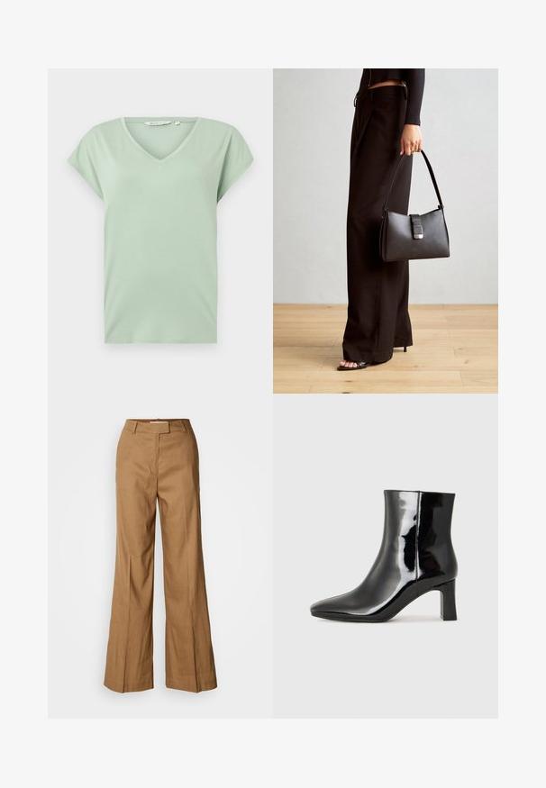 Minta zaļa V-veida t-kreklā ar īsām piedurknēm, izgatavota no mīksta auduma, ar brīvu piegriezumu un bez rakstiem vai redzamām detaļām.; Brūnas platās bikses, kas izgatavotas no viegla auduma. Ievērojama plakanā priekšpuse, jostas cilpas un piegriezums ar potītes garumu.; Melnas patentētas ādas potīšu zābaki ar norādītu pirkstu un vidēja augstuma kvadrātveida papēdi. Gluda tekstūra un minimālisma dizains.; Melnā somiņa ar strukturētu formu, gludu tekstūru un metālu sprādzi. Saskaņota ar platām melnām biksēm un sandālēm ar atvērtu purngalu uz koka grīdas.