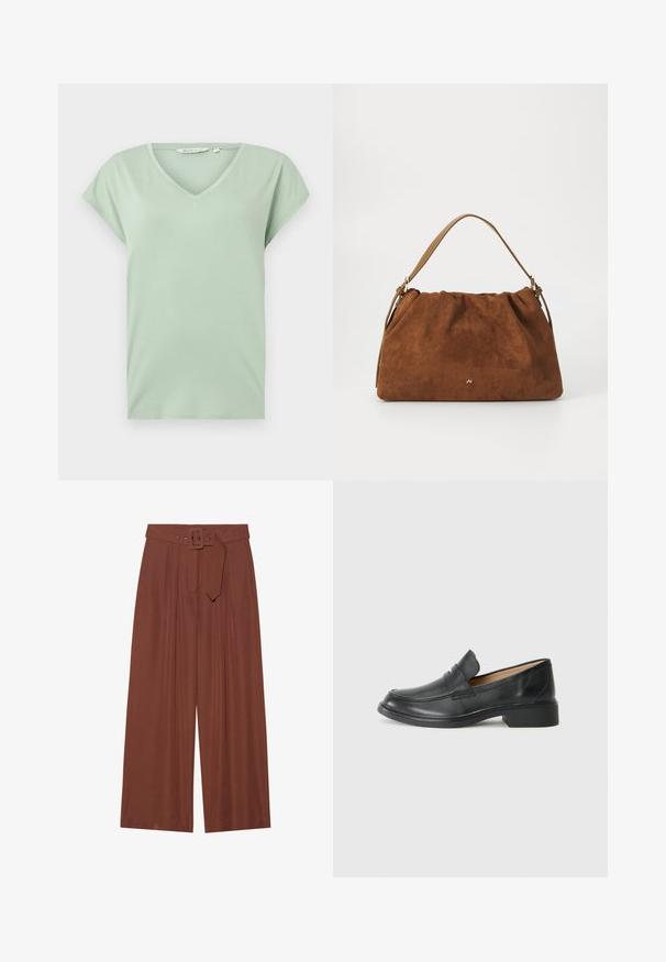 Mint green V-neck T-shirt with short sleeves, made of soft fabric, featuring a relaxed fit and no patterns or visible hardware.; Wide-leg trousers in brown fabric, featuring a belt with a square buckle, pleated design, and smooth texture.; Black leather loafer with a low heel, featuring a stitched design and slip-on style, set against a plain white background.; Brown suede handbag with a gathered design, featuring a single tan leather strap and a subtle gold logo detail on the front.