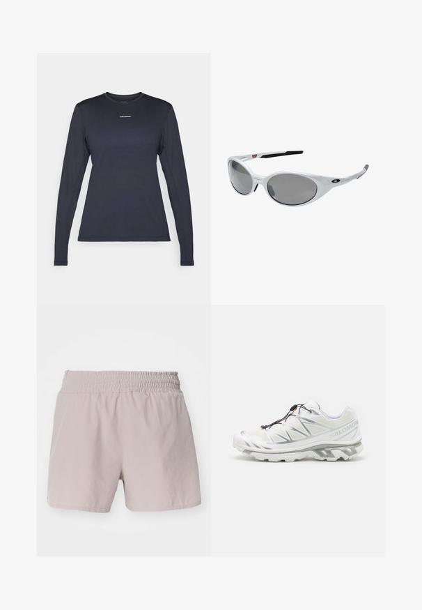 Niebieska, długorękawowa koszulka sportowa z okrągłym dekoltem, wykonana z fakturowanego materiału; posiada małe, białe logo "Salomon" na klatce piersiowej.; Jasnobeżowe szorty z elastycznym pasem, gładką fakturą i prostym wzornictwem. Nie mają widocznych zapięć ani wzorów.; Białe buty sportowe z teksturowanym wierzchem, odblaskowymi akcentami i szarym podbiciem. Posiadają wyraźne trójkątne wzory oraz system szybkiego sznurowania.; Białe plastikowe okulary przeciwsłoneczne z dużymi owalnymi soczewkami o szarym zabarwieniu. Posiadają czarne wkładki na uszy oraz małe logo na ramce. Gładkie wykończenie.; Salomon UNISEX czarny