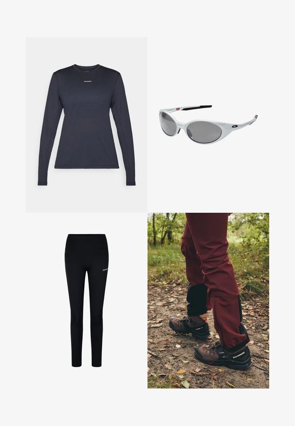 Navy long-sleeve athletic shirt with a round neckline, made from textured material; features a small white “Salomon” logo on the chest.; Black leggings made of stretch fabric, featuring a high waistband and a small logo on the left thigh, designed for comfort and mobility.; Brown hiking boots with black accents and rugged soles, paired with maroon waterproof pants featuring black side panels and zippers.; White plastic sunglasses with large oval lenses, gray tinted. Features black ear grips and a small logo on the frame. Smooth finish.; Salomon ACTIVE SKIN 12 SET UNISEX - Hydration rucksack - black; Black gloves made from a textured fabric, featuring finger segmentation and a touch-sensitive fingertip. "SALOMON" logo in white on the side.