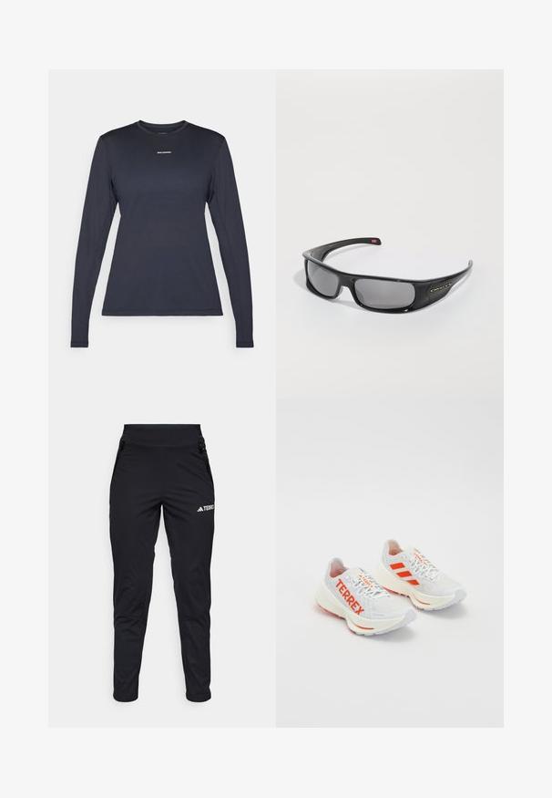Marineblaue langärmlige Sportshirt mit Rundhalsausschnitt, aus strukturiertem Material; mit einem kleinen weißen „Salomon“-Logo auf der Brust.; Schwarze Sporthosen aus glattem Stoff mit figurbetontem Design, Reißverschlusstaschen und strukturiertem unteren Bein. Logo auf der Vorderseite aufgedruckt.; Weiße Laufschuhe mit orangefarbenen Akzenten. Netzmaterial, runde Zehenpartie und dicke Mittelsohle. "TERREX" auf der äußeren Seite gedruckt und drei Streifen an der Ferse.; Schwarze Oakley-Sonnenbrille im Wraparound-Stil mit dunklen rechteckigen Gläsern und gebogenen Bügeln auf einem schlichten weißen Hintergrund.