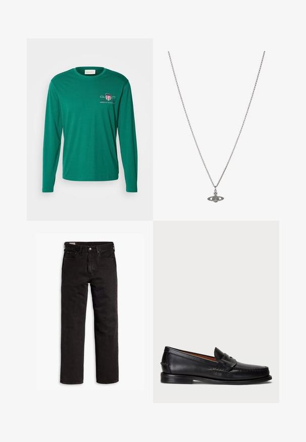 GANT - Bluzka z długim rękawem; Czarne dżinsy proste z pięcioma kieszeniami, zapięciem na guzik i paskiem, rozłożone na białym tle.; Czarne skórzane mokasyny z okrągłym czubkiem, przeszyciami na detalach oraz ozdobnym paskiem z przodu. Płaska podeszwa o minimalistycznym profilu.; Srebrny naszyjnik z łańcuchem z ozdobnym wisiorkiem w kształcie planety, zdobionym małymi akcentami i skomplikowanymi wzorami.