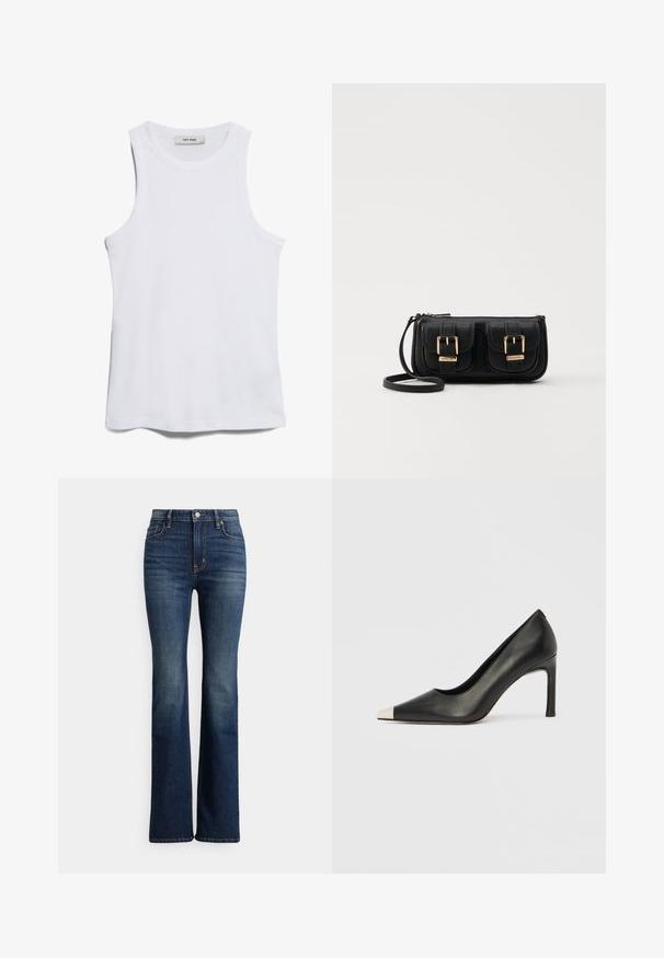 Baltas dryžuotas bakas su apvaliu kaklu ir plačiomis rankovėmis. Ypatingas sklandus paviršius ir tiesus apačios kraštas. Etiketėje užrašyta "IVY OAK."; Tamsiai mėlyni aukšto liemens platėjančių kojų džinsai su priekinėmis sagomis ir kišenėmis, šiek tiek išblukę šlaunų ir kelių srityse, pateikti ant baltos fono.; Juodas odinis aukštakulnis batelis su smailia nosimi ir metaliniu sidabriniu galiuku. Turi lygų paviršių ir ploną 10 cm kulną.; Juodas odinis per petį nešiojamas krepšys su dviem priekiniais kišenėmis, auksiniais sagtimis, užtrauktuko uždarymu ir siauromis petnešomis. Textūruota paviršius ir kompaktiškas stačiakampis formatas.