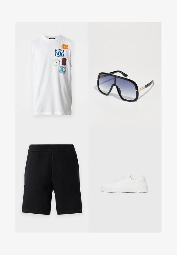 Vit ärmlös bomullströja med färgglada grafiska lappar, inklusive palmer, blommor och abstrakta mönster i blått, grönt och rött.; Svarta atletiska shorts gjorda av mjukt material; har ett elastiskt midjeband, två sidofickor och kontrasterande sömmar.; Vit sneaker med en slät läderöverdel, rund tå, snören, strukturerade sidodekorationer och en tjock gummisula. Minimalistisk design.; Överdimensionerade svarta solglasögon med gradient lila linser, blanka ytor och guldaccenter på bågarna. Rektangulär form.