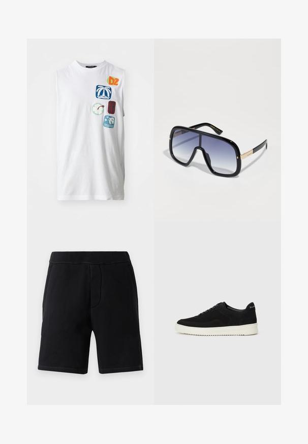 T-shirt en coton blanc sans manches avec des patchs graphiques colorés, comprenant des palmiers, des fleurs et des motifs abstraits en bleu, vert et rouge.; Shorts de sport noirs en matériau doux ; dotés d'une taille élastique, de deux poches latérales et de surpiqûres contrastantes.; Baskets en daim noir avec un design à lacets et une semelle en caoutchouc blanc contrastant. Comprend des panneaux latéraux texturés et un logo subtil sur le talon.; Lunettes de soleil surdimensionnées noires avec une lentille dégradée violette, finition brillante et accents dorés sur les branches. Forme de cadre rectangulaire.