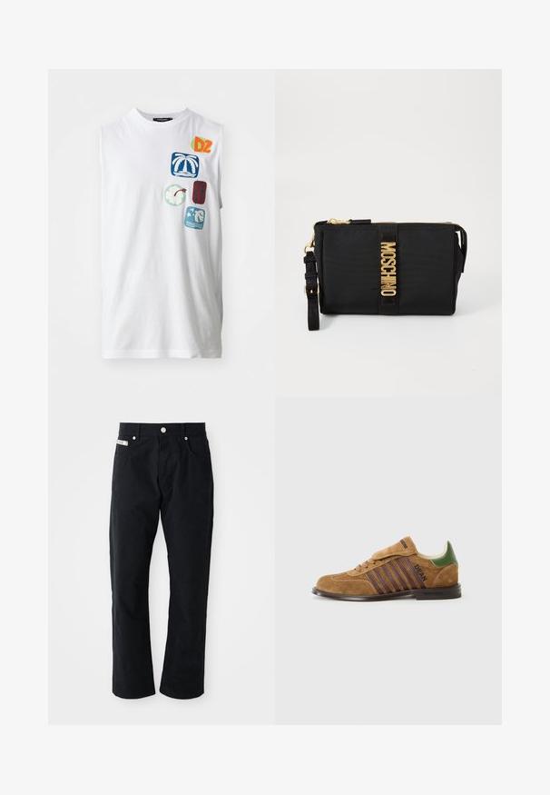 White sleeveless cotton t-shirt featuring colorful graphic patches, including palm trees, flowers, and abstract designs in blue, green, and red.; Black cotton pants with a straight leg design, five pockets, silver hardware, and a subtle textured finish.; Brown suede sneaker with dark purple stripes, green heel tab, and lace-up design. Features a textured finish and rubber sole.; Black nylon clutch with gold hardware, featuring a central logo strip. Includes a detachable strap and zip closure for secure use.