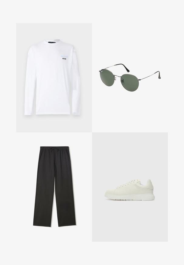 Weißes Langarm-T-Shirt aus Baumwolle. Es hat kleinen blauen und schwarzen Text auf der linken Brustseite, einen runden Halsausschnitt und eine normale Passform.; Schwarze, weit geschnittene Hose mit elastischem Bund und Kordelzug, ausgestattet mit seitlichen Taschen und einem glatten, leichten Stofffinish.; Weiße Leder-Sneaker mit texturiertem Obermaterial, runder Zehenpartie, flacher weißer Sohle und tonalen Schnürsenkeln. Dezentes Branding auf der Zunge.; Metallgestellte Sonnenbrille mit ovalen grünen Gläsern. Dünner silberner Metallrahmen und schwarze Ohrstücke. Minimalistisches Design, keine sichtbaren Logos.