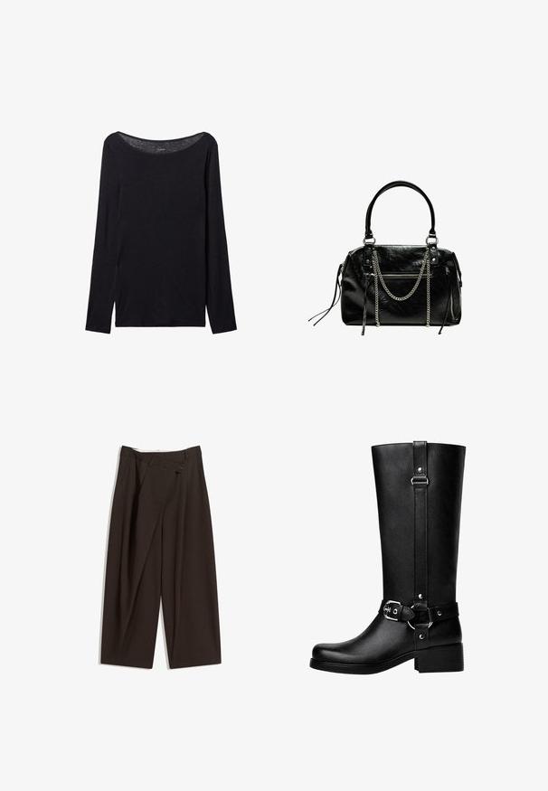 Černá dlouhá halenka s širokým výstřihem, vyrobená z měkké látky, s těsným střihem a minimálními švy.; Tmavě hnědé široké kalhoty s vysokým pasem, vybavené jedním tlačítkem na zapínání a plisovaným předním dílem. Vyrobené z lehkého materiálu.; Vysoké černé boty z umělé kůže s kulatou špičkou, detailem s přezkou na pásku a širokým podpatkem. Hladký povrch a vertikální šev na holeně.; Bershka WITH CHAIN - Kabelka - black
