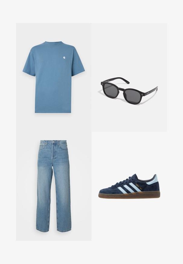 Blå bomulls t-skjorte med rund hals, korte ermer og en liten hvit logo på venstre bryst. Glatt tekstur og avslappet passform.; Høytlivs lys blå denimjeans med rette ben, front lukking med knapp, og fem lommer på ensfarget bakgrunn.; Mørkeblå semsket Adidas-sneakers med lyseblå striper, gummisåle, lyseblå hælklaff og gull "Spezial"-merke på siden.; Sorte ovale solbriller med mørke linser, tykke rammer og sølvprikker på sidene. Glatt plastmateriale, moderne design.