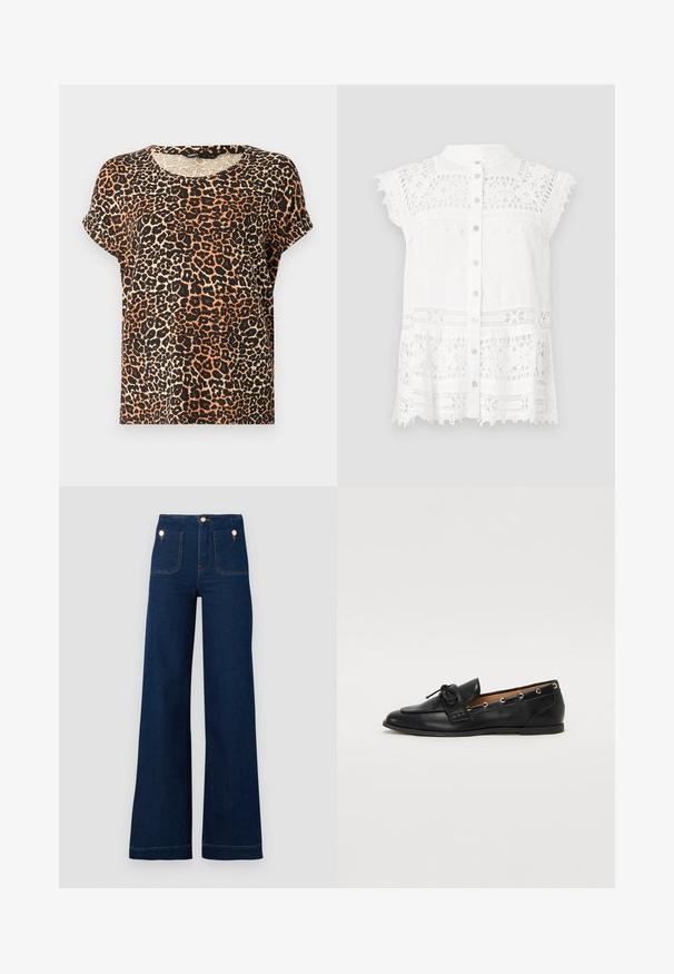 Tricou cu mânecă scurtă, cu imprimeu de leopard în nuanțe de portocaliu, negru și crem. Decupaj rotund la gât și textură de țesătură moale.; Bluză albă cu mâneci scurte tip capac, având detalii din dantelă și închidere cu nasturi. Material texturat și tiv ondulat pentru un aspect vizual interesant.; Jeans largi de un albastru închis, cu talie înaltă, accente cu nasturi aurii, două buzunare în față și în spate, și detalii cu cusături contrastante. Material de denim texturat.; Mocasini din piele neagră cu fundiță legată, având accente aurii sub formă de ochiuri pe laterale și o talpă plată din cauciuc. Textură netedă, design clasic.