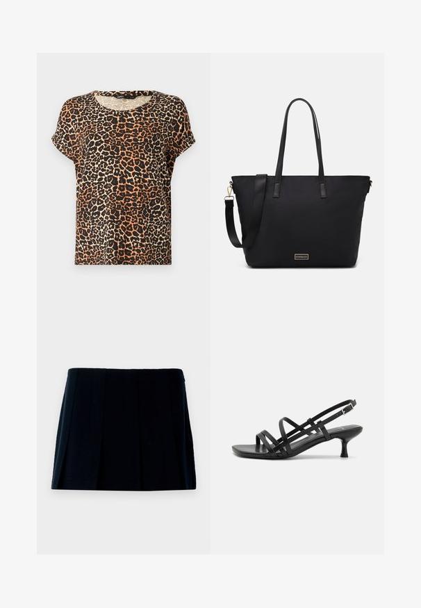 Tričko s krátkým rukávem s leopardím potiskem v odstínech oranžové, černé a krémové. Kulatý výstřih a měkká textilie.; Černá plisovaná mini sukně vyrobená z látky. Má rovný pas a více vertikálních záhybů pro tvar a strukturu.; Černé sandály na podpatku s několika křížovými pásky. Hladký materiál, špičatá špička a úzký podpatek. Nastavitelný pásek kolem kotníku s přezkou.; Černá taška přes rameno s hladkým nylonovým povrchem, dlouhými koženými popruhy, odnímatelným ramenním popruhem a zlatou logovanou destičkou.; Náušnice ve zlatém tónu z kovu s elegantním zakřiveným designem. Vyznačují se jedinečným špičatým tvarem, lesklým povrchem a závěsem na kloub.
