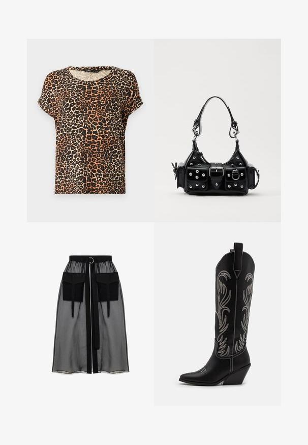 Narancs, fekete és krém színű leopárdmintás, rövid ujjú póló. Kerek nyakkivágású és puha anyagú.; Fekete áttetsző szoknya ráncolt derékrésszel, két nagy elülső zsebbel, derékpánttal és kör alakú fém díszítéssel.; Fekete bőr cowboy csizmák hegyes orral, wedge sarkakkal és ezüst hímzett virágmintákkal a szár mentén. Kontraszt varrás az egész csizmán.; Fekete bőr kézitáska ívelt designnal, ezüst szegecsekkel, csattal és két oldalsó zsebbel. Állítható vállpánt a hordozási lehetőségekhez.