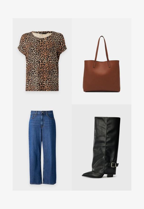 Leopardiprindiga lühikese varrukaga T-särk oranži, musta ja koorevärvi toonides. Ümmargune kaelus ja pehme kangastekstuuri.; Laiad teksad tumesinises denimis, millel on kõrge vöökoht, viie taskuga disain, nupukinnitus ja nähtav õmblus õmblustes.; Mustad musta nahast pahkluu kingad, millel on terav nina, sile tekstuur ja hõbedane pandlaaksent küljel. Tõmblukuga suur ruudukujuline konts.; Pruun nahast tote-kott, millel on sile tekstuur, avatud ülaosa disain ja kaks õlarihma. Omab minimaalset õmblust ja nähtavat riistvara ei ole.