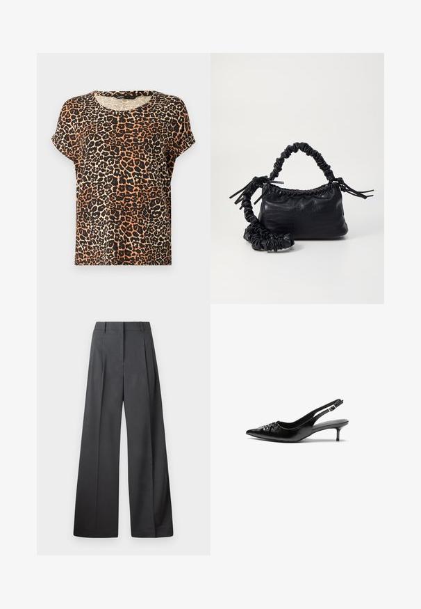 Leopardprint t-shirt met korte mouwen in tinten van oranje, zwart en crème. Ronde halslijn en zachte stofstructuur.; Wijde broek in donkergrijze stof, met een hoge taille, enkele plooien en een gladde textuur met een nette afwerking aan de zoom.; Zwarte leren slingback hakken met een spitse neus, kleine kittenhak en een decoratieve knoopdetail aan de voorkant. Smooth textuur overal.; Zwarte nepleer handtas met een krokodillenstructuur, opgedroogde bovenkant en een gekreukte hengsel. Het lijkt zacht en compact van ontwerp.