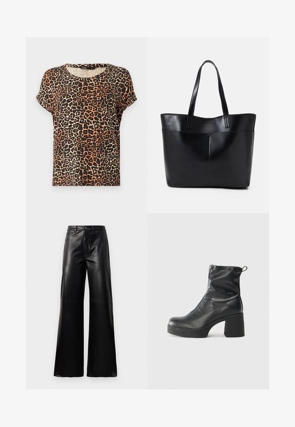 Majica kratkih rukava s leopard uzorkom u nijansama narančaste, crne i krem. Okrugli dekolte i meka tekstura tkanine.; Crne visoke široke hlače od umjetne kože s prednjim gumbom, zatvaranjem na zip, petljama za pojas i bočnim džepovima na bijeloj pozadini.; Crne gležnjače od glatke kože, s bočnim zatvaračem, debelim teksturiranim potplatom i dizajnom s zaobljenim prstima.; Crna kožna torba s dugim ručkama, glatkom teksturom i strukturiranim oblikom. Ima prednju džep za dodatno pohranu.
