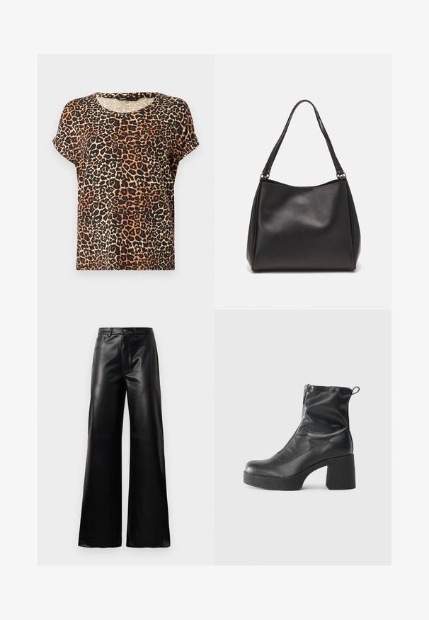 Lauva raksts īsām piedurknēm T-krekls oranžos, melnos un krēmveida toņos. Apaļa kakla izgriezuma un maiga auduma tekstūra.; Melnas augstās jostas platajās kājās sintētiskās ādas bikses ar priekšējo pogu, rāvējslēdzēju, jostas cilpām un sānu kabatām uz baltā fona.; Melni potītes zābaki, kas izgatavoti no gludas ādas, ar sānu rāvējslēdzēju, masīvu strukturētu papēdi un noapaļotu purngalu.; Melna sintētiskā ādas rokas soma ar mīkstu tekstūru, hobo formas un divām plecu siksnām; iezīmējas ar spīdīgu apdari un minimālistisku dizainu.