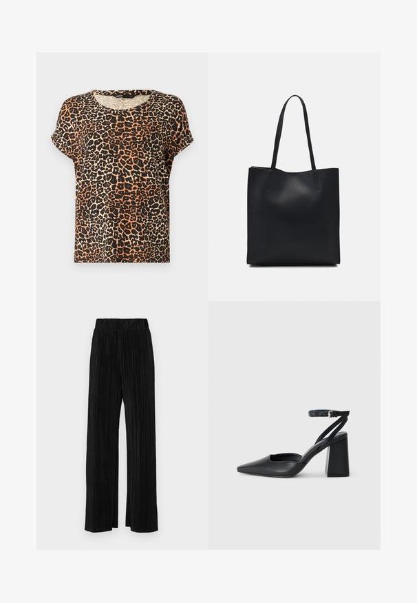 Leopard print short-sleeve t-shirt in shades of orange, black, and cream. Round neckline and soft fabric texture.; Black pleated trousers with an elastic waistband. Features wide legs and a smooth, textured fabric with vertical stripes.; Black leather pointy-toe pump with an ankle strap and a chunky heel. Flat texture, sleek design, and minimalistic aesthetics.; Black leather tote bag with smooth texture, rectangular shape, and two long handles. No visible hardware or embellishments.