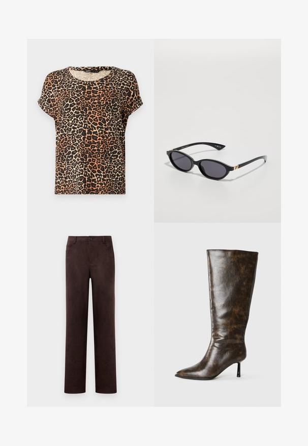 T-shirt a maniche corte in stampa leopardata nei toni dell'arancione, nero e crema. Collo tondo e texture in tessuto morbido.; Pantaloni in suede marrone scuro a gamba dritta con chiusura anteriore a bottone e zip, passanti per cintura e tasche laterali.; Stivale ginocchiero in pelle marrone invecchiata con punta affusolata e sottile tacco a stiletto su sfondo bianco.; Occhiali da sole neri con lenti ovali, tinta sfumata scura e braccetti sottili con sottili dettagli dorati. Finitura in plastica liscia.; Borsa in pelle beige intrecciata con una singola tracolla, caratterizzata da una forma rettangolare e una superficie testurizzata. Inclusi gli accessori per la regolazione della tracolla.