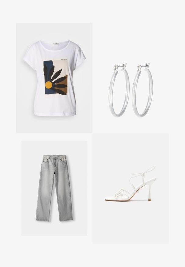 Hvid t-shirt med et geometrisk design, der har sorte blade, en gul cirkel samt blå og brune former på fronten. Rund halsudskæring, korte ærmer.; Lys grå denim jeans med lige pasform, der har to frontlommer, en knappelukning og diskrete slidser for tekstur.; Hvide strop sandaler med høj hæl, flad tåbase, tekstureret forside med sammensunkne detaljer og en smal ankelrem.; Sølv hoop øreringe med en glat, poleret overflade. Rund form og sikker klik-lukning. Letvægtsdesign, der er velegnet til hverdagsbrug.