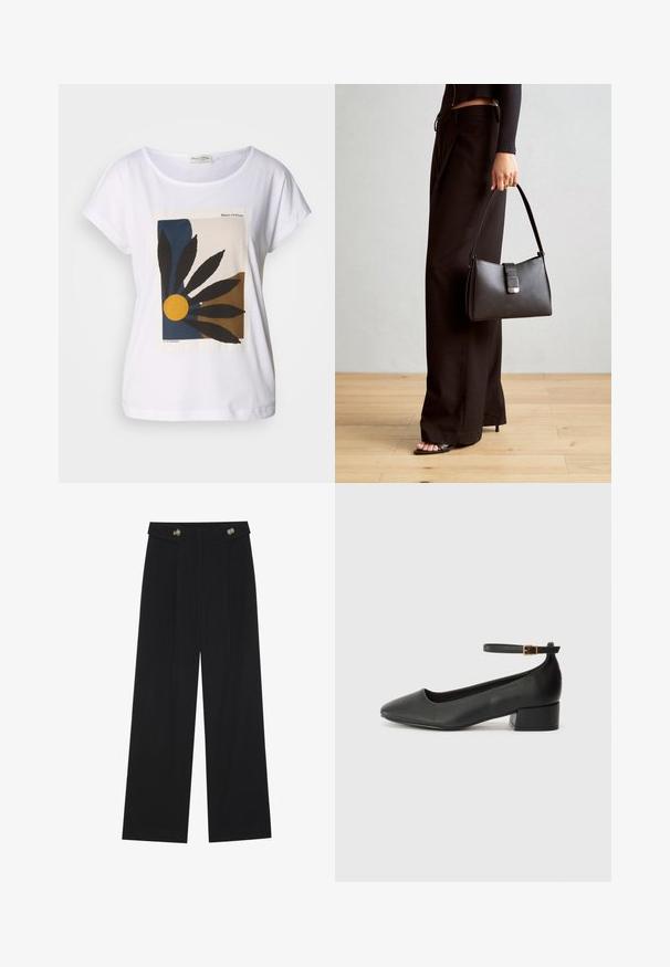 Valkoinen t-paita, jossa on geometrinen kuvio mustista lehdistä, keltaisesta ympyrästä sekä sinisistä ja ruskeista muodoista edessä. Pyöreä pääntie, lyhyet hihat.; Mustat leveälahkeiset housut, joissa on korkea vyötärö, napit vyötärönauhassa ja etupuolella laskokset.; Mustat nahkakengät, joissa on terävä kärki ja matala lohkare korko. Varustettu nilkkahihnalla, jossa on kultasävyinen solki. Lisää sileä pinta.; Musta käsilaukku, jossa on rakenteellinen muoto, sileä pinta ja metallinen solki. Yhdistetty leveisiin mustiin housuihin ja avonaiheisiin sandaaleihin puulattialla.