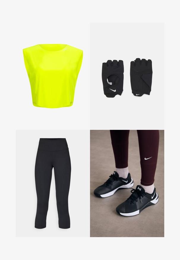 Neon žlutý crop top s kulatým výstřihem a krátkými rukávy. Vyrobený z hladkého, lehkého materiálu s volným střihem.; Černé zkrácené legíny vyrobené z pružné látky, s vysokým pasem a hladkou texturou, bez viditelných vzorů nebo kovových prvků.; Černé sportovní boty s texturovaným svrškem a bílými akcenty, s tkaničkami a božím logem. Nosené s vínovými legínami a světlými ponožkami.; Černé bezprsté rukavice vyrobené z elastického materiálu, s otevřenou dlaní, protiskluzovými detaily a bílým logem Nike.