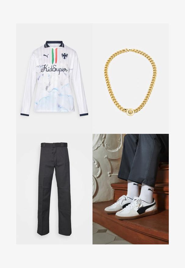 Bílý dlouhý rukávový dres se pruhovaným designem, obsahující modré vzory oblaků, zelené a červené pruhy a text "KidSuper". Náměstí akcenty na límci.; Černé kalhoty vyrobené z odolné látky, s rovnými nohavicemi, pasem s poutky na opasek a švy pro větší texturu.; Puma tenisky v bílé a černé semišové úpravě, s hnědou gumovou podrážkou. Kombinované s bílými ponožkami, na kterých je černé logo, nošeny s tmavými kalhotami.; Zlatý řetězový náhrdelník s velkými propletenými články, zdobený kruhovým přívěskem se zvýšeným emblémem uprostřed.