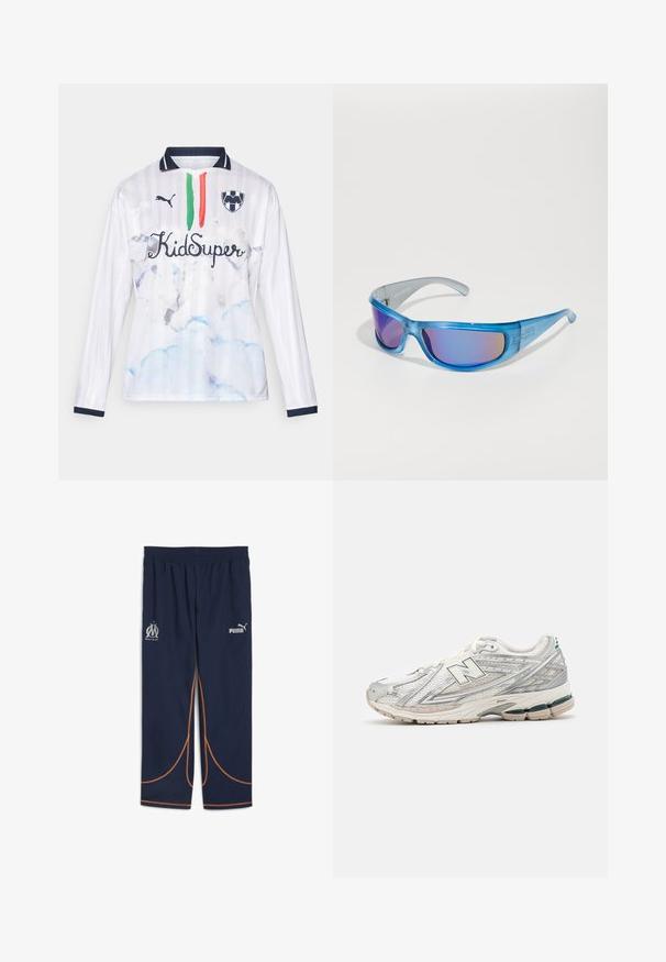 Weißes Langarm-Trikot mit gestreiftem Design, das blaue Wolkenmuster, grüne und rote Streifen sowie den Text "KidSuper" zeigt. Marinefarbene Akzente am Kragen.; Marinefarbene Sporthosen mit einem elastischen Bund, die silberne Logos von Marseille und Puma zeigen, akzentuiert mit orangen Nähten und geschwungenen Designlinien.; Laufschuh mit einem silbernen und weißen Mesh-Obermaterial und grünen Akzenten. Die Sohle ist dick und strukturiert, um Dämpfung und Unterstützung zu bieten.; Blaue Sonnenbrille mit einem translucentem Rahmen, verspiegelt Gläser mit einem Farbverlauf und einem sportlichen Design für einen sicheren Sitz während der Aktivitäten.