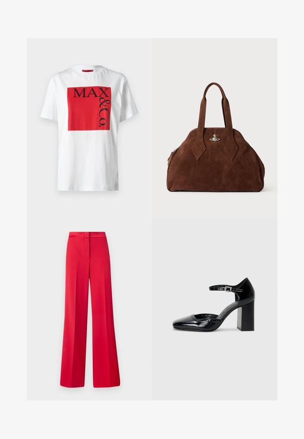Hvid bomulds T-shirt med et iøjnefaldende rødt rektangulært grafik med sort tekst "MAX & Co." i varierende størrelser, afslappet pasform, korte ærmer.; Røde brede bukser med en glat tekstur, en flad talje og et struktureret design, der har læg foran og en skræddersyet pasform.; Sorte patenterede læder højhælede sko med firkantet tå, ankelrem og en kraftig hæl. Inkluderer perforerede detaljer langs kanten.; Brun suede håndtaske med en struktureret form, rund krop og forlængede diamantformede håndtag. Har en hardwarelukning i sølv.