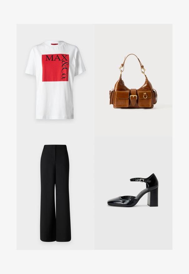 Valkoinen puuvillapaita, jossa on rohkea punainen suorakulmainen graafinen kuvio mustalla tekstillä "MAX & Co." vaihtelevilla kokoilla, rento malli, lyhyet hihat.; MAX&Co. BRIVIDO - Housut - schwarz; Musta lakattu nahkainen korkokenkä neliskanttisen kärjen, nilkkaremmin ja paksun koron kanssa. Mukana reikäkuviointi reunassa.; Ruskea nahkalaukku, jossa on kaareva muoto, kaksi kultaisen sävyistä metalliosaa, kaksi etutaskua ja leveä olkahihna. Silkkinen pinta ja tyylikäs viimeistely.