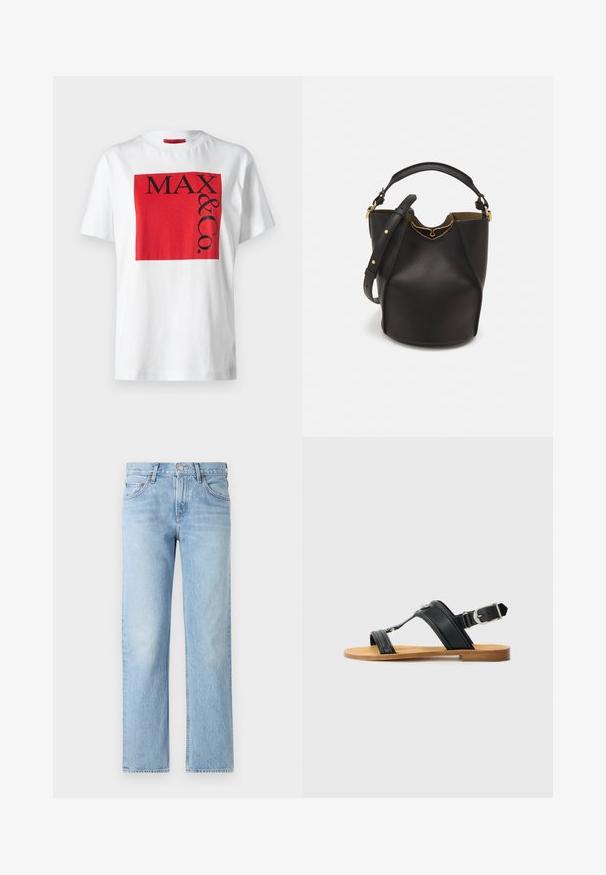 Balta kokvilnas T-krekls ar uzdruku sarkanā taisnstūra formā un melnu tekstu "MAX & Co." dažādās lielumos, brīva pieguluma, ar īsām piedurknēm.; Gai zili džinsi ar taisnu piegriezumu, piecām kabatām, ar pogu un rāvējslēdzēju, un nedaudz nodilušu apdari.; Melna ādas sandale ar regulējamu sprādzi, plakanu brūnu zoli un diviem platām siksnām, kas krustojas pāri kājai, minimālistisks dizains.; Melnas ādas spainīša somas ar teksturētu apdari, zelta metāla aksesuāriem un atvērtu augšu. Piedāvā īsu rokturi un regulējamu plecu siksnu.