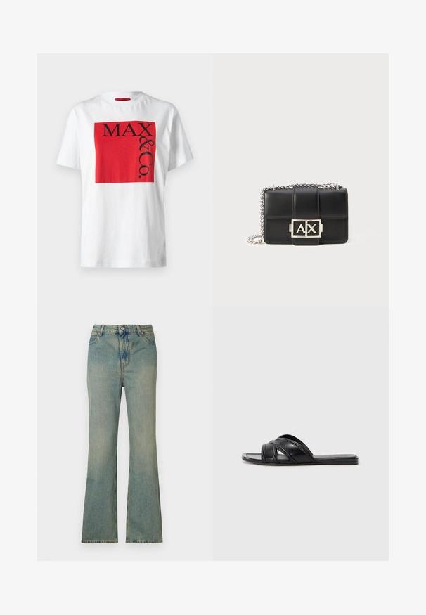 Tricou alb din bumbac, cu un grafic rectangular roșu îndrăzneț, cu textul negru "MAX & Co." în dimensiuni variate, croială lejeră, cu mâneci scurte.; Jeans din denim decolorat de culoare albastru deschis, cu talie înaltă, cinci buzunare și închidere cu fermoar. Finisaj curat și decolorat, cu detalii de cusătură subtile.; Sandale negre cu un finisaj din piele netedă, având curele încrucișate și detalii decupate, cu o talpă plată și flexibilă.; Geantă de umăr din piele neagră, cu un design matlasat, curea din lanț argintie și un logo argintiu "AX" proeminent pe față. Formă compactă, rectangulară.