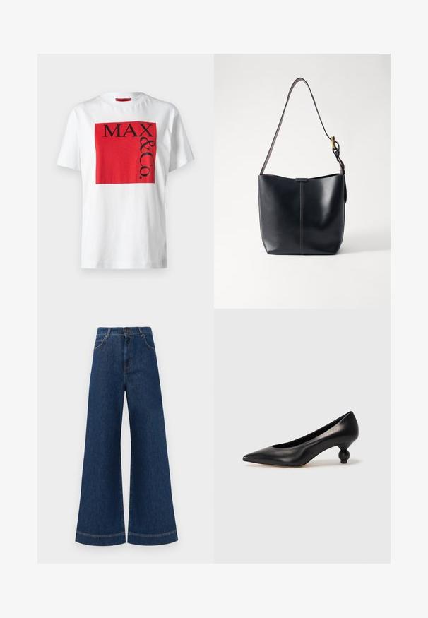 Valkoinen puuvillapaita, jossa on rohkea punainen suorakulmainen graafinen kuvio mustalla tekstillä "MAX & Co." vaihtelevilla kokoilla, rento malli, lyhyet hihat.; Siniset farkut leveällä lahkeella ja korkealla vyötäröllä, jossa on nappikiinnitys, vyölenkit sekä huomaamattomat tikkaus yksityiskohdat taskuissa ja lahkeissa.; Musta nahkakengät korkealla korolla, joissa on terävä kärki ja pyöreä, pallomainen korko. Sileä pinta ja tyylikäs, minimalistinen muotoilu.; Musta nahkainen olkalaukku, jossa on sileä pinta, ohut ja pitkä hihna sekä hienovarainen ommeltu yksityiskohta keskellä.