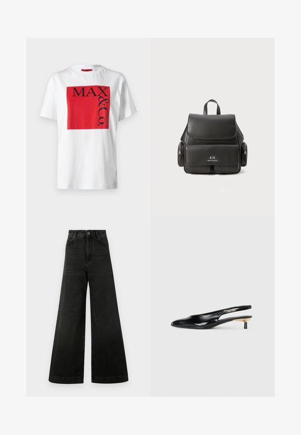Fehér pamut póló, amelyen egy merész piros téglalap alakú grafika található fekete szöveggel "MAX & Co.", eltérő méretekben, laza szabású, rövid ujjú.; Magas derekú, széles szárú farmer sötét fekete anyagból. Jellemzői a gombos záródás, elől zsebek, valamint sima felület minimális kopással.; Fekete slingback pump, hegyes orral, fényes bőr felülettel és kis sarokkal, arany kiegészítéssel. Elegáns kialakítás nyitott háttal.; Fekete bőr hátizsák, fedéllal záródik, elülső zsebbel, oldalsó cipzáras rekeszekkel és felső fogantyúval rendelkezik. Az elején logó részletezéssel.