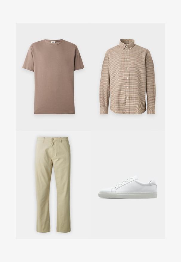Kortærmet t-shirt i brun bomuld, med rund halsudskæring og en let, glat tekstur. Ingen synlige mønstre eller metaltræk.; Beige og brunternet langærmet skjorte med knap-trykkrave, vist på en ensfarvet baggrund, forfra.; Beige bomuldsbukser med lige ben-design, frontlukning med knap og bæltestropper. Glat tekstur, ingen synlige mønstre eller accenter.; Hvide sneakers med en glat læderoverdel og lav profil. Har en rund tå, seks snørehuller og en tekstureret gummisål.