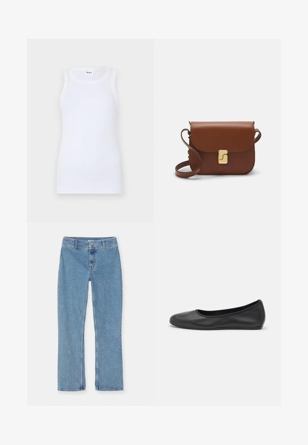 White sleeveless tank top made of ribbed cotton. Features a round neckline and a fitted silhouette. No visible patterns or accents.; Light blue straight-leg denim jeans with button and zipper closure, belt loops, and standard stitching on a white background.; Black leather ballet flat with a rounded toe, smooth texture, minimal stitching detail, and a flexible sole design.; Brown leather handbag with a flap closure, gold-tone hardware, a shoulder strap, and a smooth texture. Compact rectangular shape.
