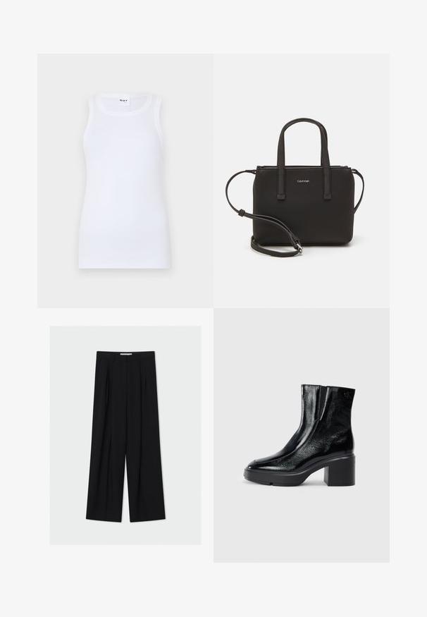 Witte mouwloze tanktop van ribbelkatoen. Heeft een ronde halslijn en een aansluitende pasvorm. Geen zichtbare patronen of accenten.; Zwarte wijduitlopende broek van een gladde stof. Heeft een hoge taille, plooien aan de voorkant en een enkellange snit. Minimalistisch ontwerp.; Zwarte gepatenteerde leren enkellaarsjes met een gebogen neus, elastische zijpanelen en een chunky blokhak. Voorzien van een reliëflogo aan de achterkant.; Zwarte handtas met dubbele korte handvatten en een afneembare schouderriem. Glad, leerachtig materiaal met een ritssluiting en logo-detail.