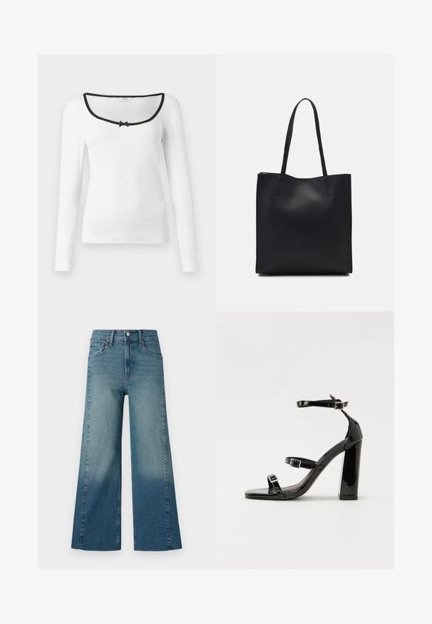 Ilgi piedurkņu balta krekls ar kvadrātveida apkakli, melnu apdari un mazu melnu loku centrā. Teksturēta ribota auduma.; Plata kāju džinsi vidēji zilā mazgājumā, ar gradienta efektu no tumšas uz gaišāku. Izgatavoti no denima ar tradicionālo piecu kabatu dizainu.; Melnas lakotas augstpapēžu čības ar kvadrāta purngalu, potīšu siksniņām un sudraba sprādzēm. Aprīkotas ar masīvu bloku papēdi stabilitātei.; Melnas ādas somiņa ar gludu tekstūru, taisnstūra formu un divām garām rokturiem. Nav redzamu aparatūras vai rotājumu.