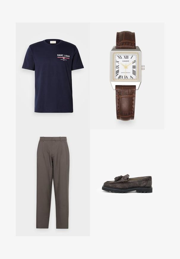 Laivastonsininen puuvillapaita, jossa on valkoinen "GANT 1949" -logo ja punaisia yksityiskohtia, pyöreä pääntie, lyhyet hihat, sileä pinta, perusmalli.; Jack & Jones JPSTBILL JJDAYTONA WIDE - Housut - pavement; Tummanharmaat mokkanahkakengät, joissa on etuosan tupsuaksentti, litteä kumipohja ja kontrastiväriset ompeluyksityiskohdat reunoilla.; Casio suorakulmainen kello, jossa on valkoinen kasvot, kultaiset yksityiskohdat, roomalaiset numerot ja ruskea krokotiilin nahkainen hihna. Vesitiivis muotoilu.