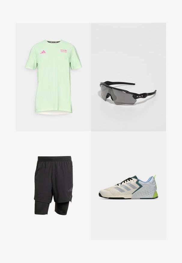 adidas Performance BER25 TEE - Tekninen t-paita - semi green spark; Musta urheilushortsit integroitu sisäkerros, valmistettu hengittävästä kankaasta. Ominaisuuksiin kuuluu huomaamaton logo ja rakenteellinen tekstuuri. Säädettävä vyötärö.; Kevyet urheilukengät, joissa on kermaisen värinen verkkopinta, harmaat raidat, vihreä yksityiskohta ja texturoitu sininen kantapää. Mustat nauhat.; Mustat urheilulasit, joissa on tyylikäs muotoilu, ympäröivä linssi, harmaan sävyinen linssi ja tekstuuriset mustat rannetukivarret. Ei näkyviä logoja.